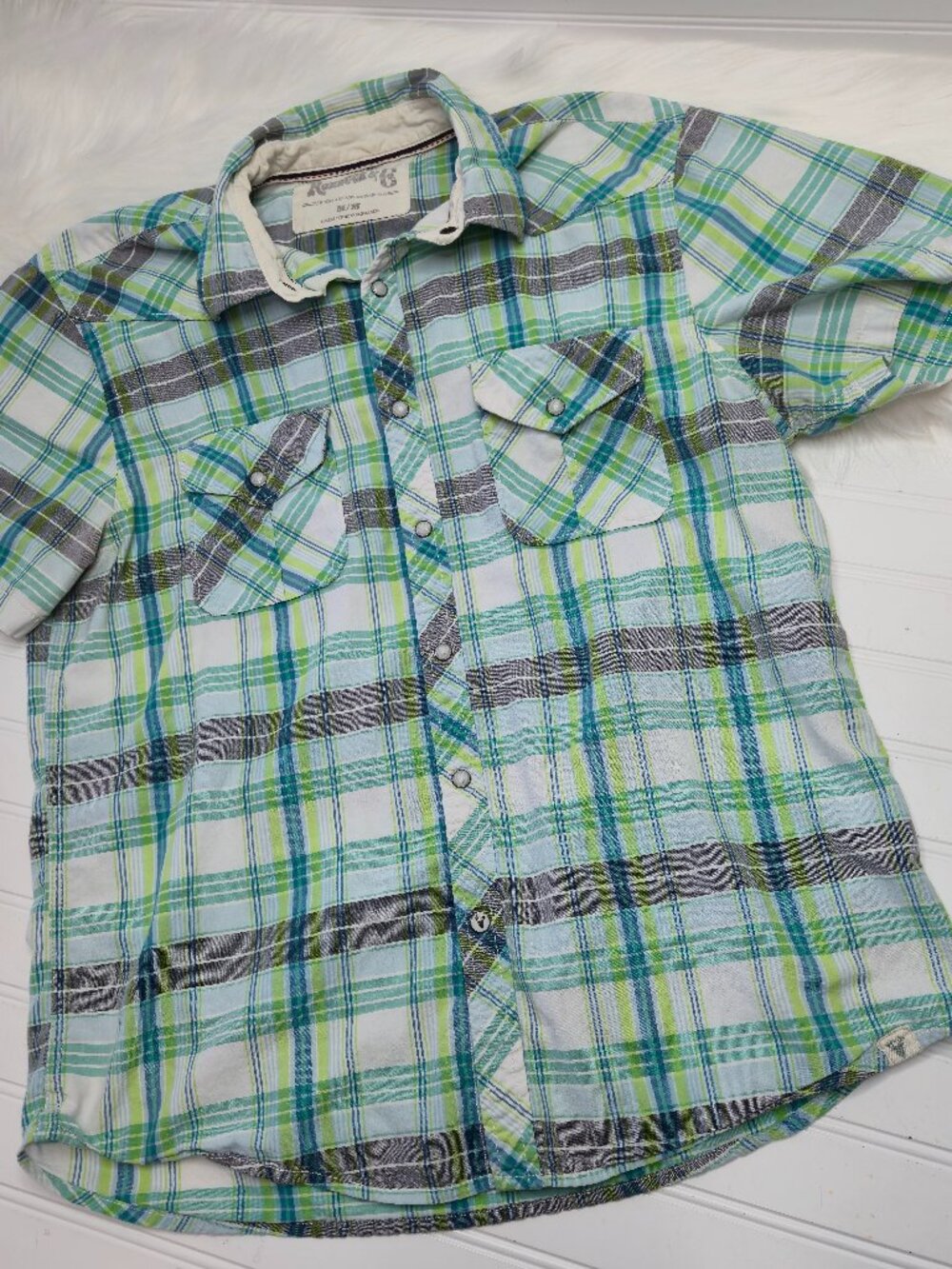Roebuck & Co Western Shirt Men's Medium Green Grey Plaid Pearl Snap Short Sleeve